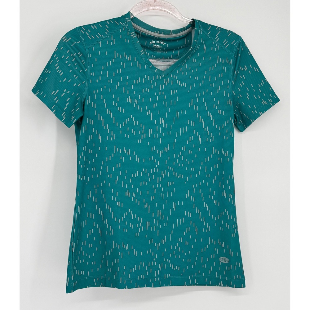 Reel Legends Womens‎ Teal Dash Print V-Neck Short Sleeve Fishing Top Sz XS